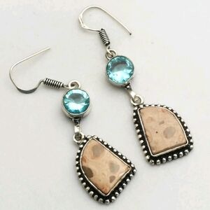Leopard Skin Jasper, Blue Topaz Gemstone 925 Sterling Silver Dangle Earrings